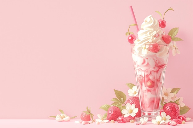 Milkshake de morango fresco uma bebida de verão doce e refrescante com fundo pastel