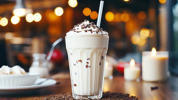 Milkshake fresco e cremoso em mesa de madeira