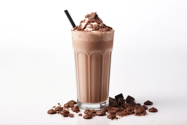 Milkshake ou smoothie de chocolate com pedaços de chocolate sobre um fundo branco