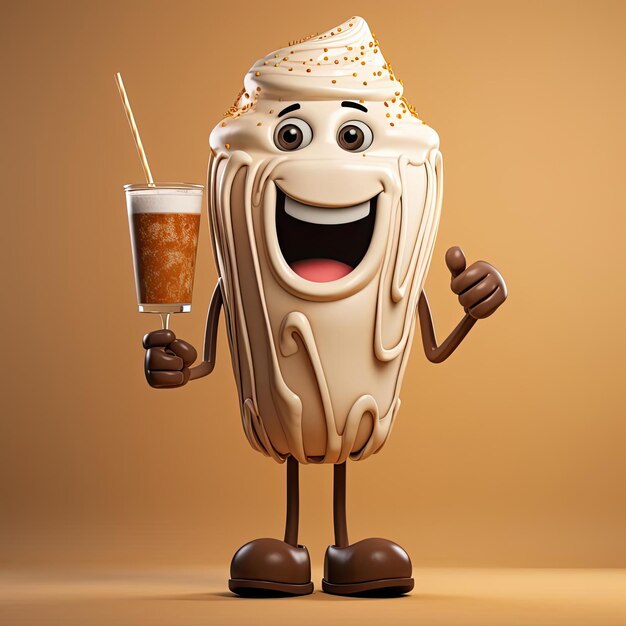 Foto milkshake de personajes de dibujos animados de humor en un fondo marrón al estilo de vray