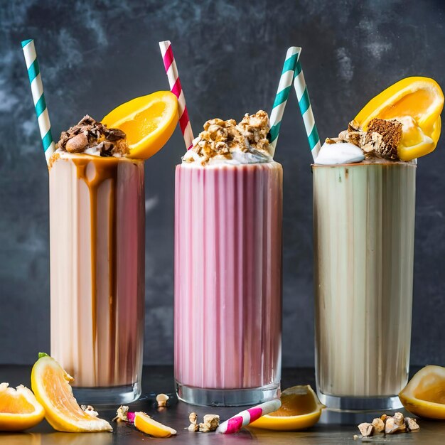 Milkshakes de sabores diferentes em um fundo escuro