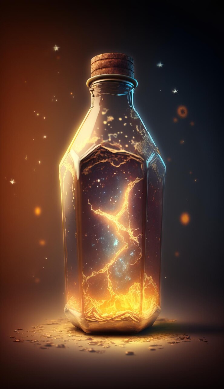 Foto milkyway en una botella de vidrio hexagonal