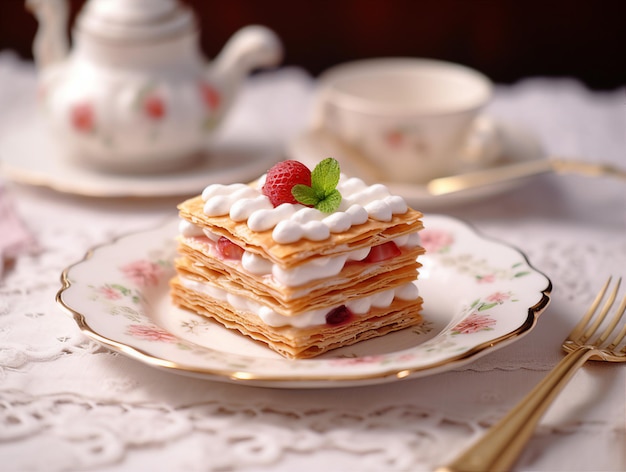 Millefeuille com morangos e uma xícara de chá na mesa