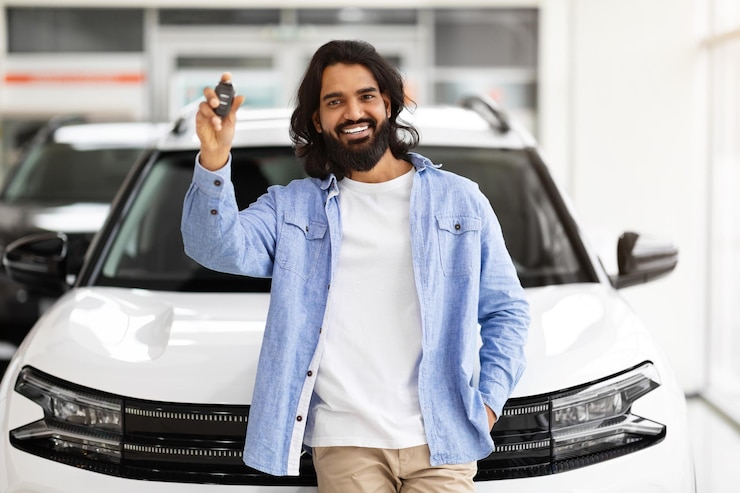Foto un millennial indio emocionado de pie junto a un coche nuevo.