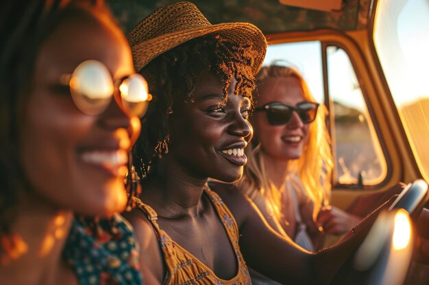 Millennials alegres y sonrientes disfrutando de un paseo en coche grupo multicultural de jóvenes amigos que salen de viaje juntos