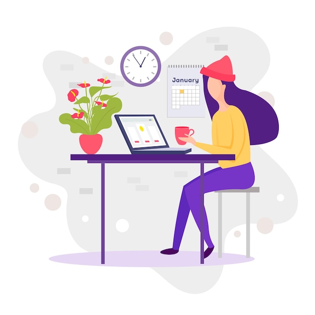 Millennials no trabalho Jovem personagem feminina comendo um almoço asiático e trabalhando no computador Workaholic
