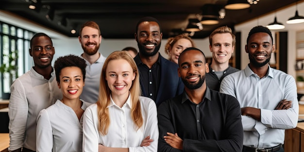 Millennials, vielfältige Geschäftskollegen mit schwarzem Chef, der vor der Kamera im Büropanorama posiert
