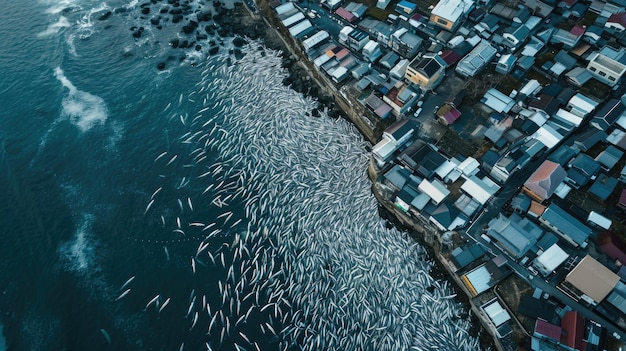 Foto millones de peces muertos como resultado de la liberación de agua contaminada nuclear