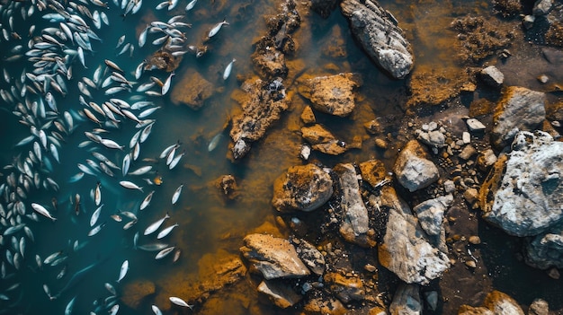 Foto millones de peces muertos como resultado de la liberación de agua contaminada nuclear