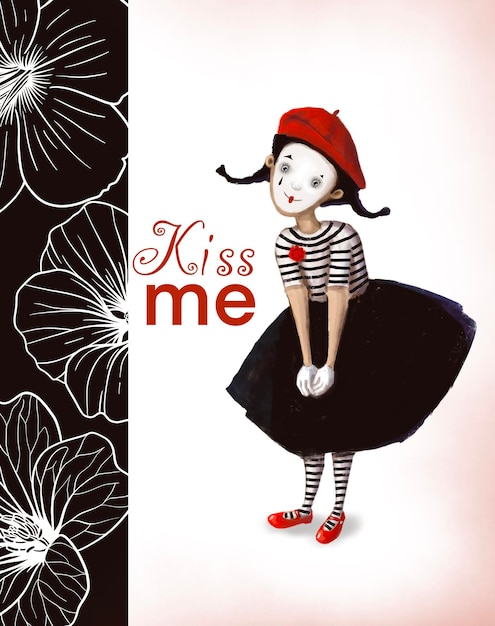 Mime de palhaço me beije ilustração de estilo aquarela de cartão de dia dos namorados com personagem de desenho animado