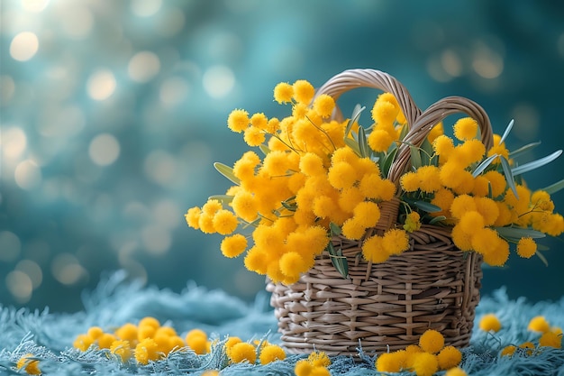 Foto mimosa amarela e flores de perdiz em um cesto