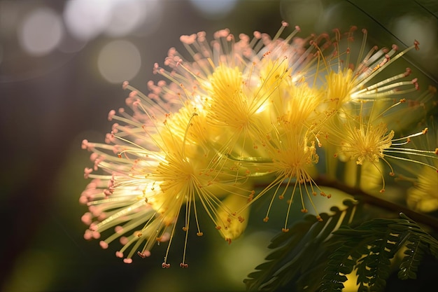 Mimosa-Blume in voller Blüte mit Sonnenlicht, das durch seine Blütenblätter scheint