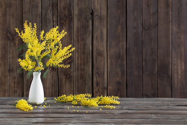 Mimosa en florero sobre fondo de madera oscura