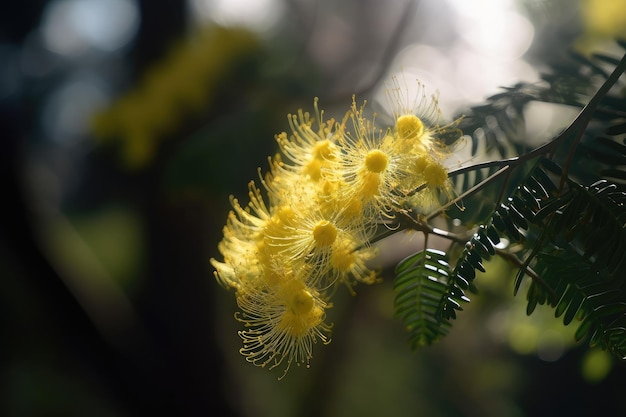 Mimosa floresce ao vento com o sol brilhando