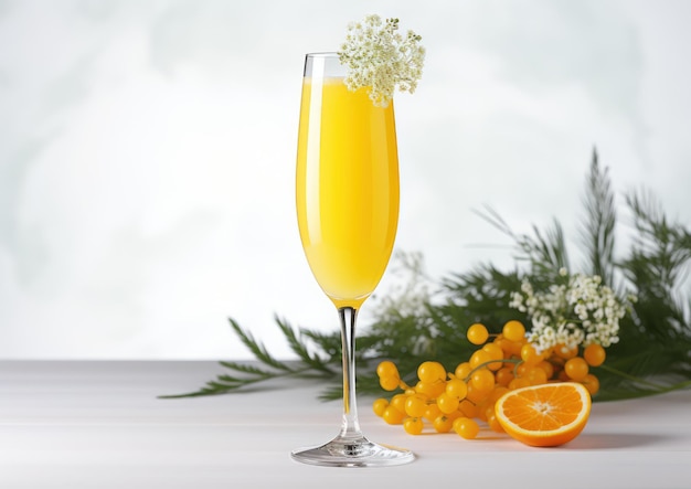 Una Mimosa servida en un vaso moderno y elegante sobre un fondo blanco para contrastar