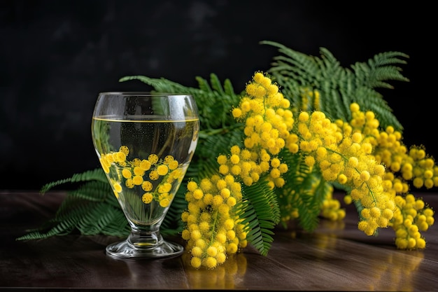 Mimosenblüte in einer Glasvase mit Wasser