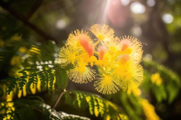 Mimosenblüte in voller Blüte, durch deren Blütenblätter Sonnenlicht scheint, die mit generativer KI erzeugt wurde