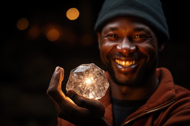 mina de diamantes con un diamante en bruto sostenido