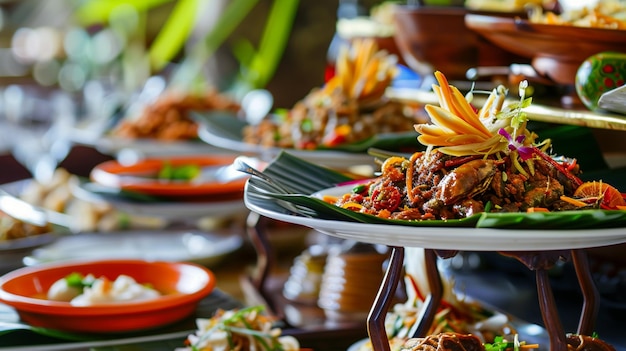 Foto minang rijsttafel una variedad de platos tradicionales de minang servidos en un estilo generativo de lujo