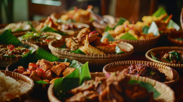 Minang Rijsttafel Una variedad de platos tradicionales de Minang servidos en un estilo generativo de lujo