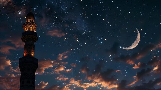 Minarete del cielo nocturno y silueta de la luna creciente