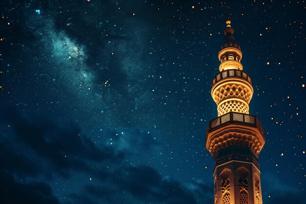 Minarete da mesquita brilhando contra o céu noturno