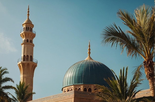 Minarete da mesquita contra um fundo de folhas de palmeira