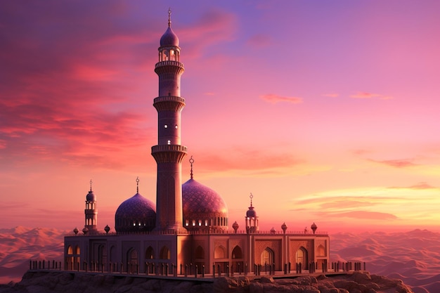 Minarete da mesquita contra um pôr-do-sol vibrante