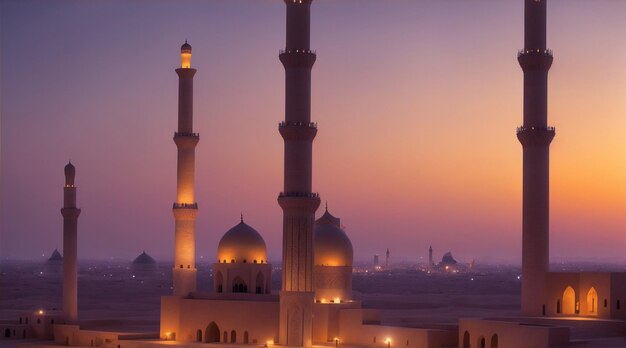 Minarete espiritual ilumina o horizonte da antiga cidade árabe ao anoitecer