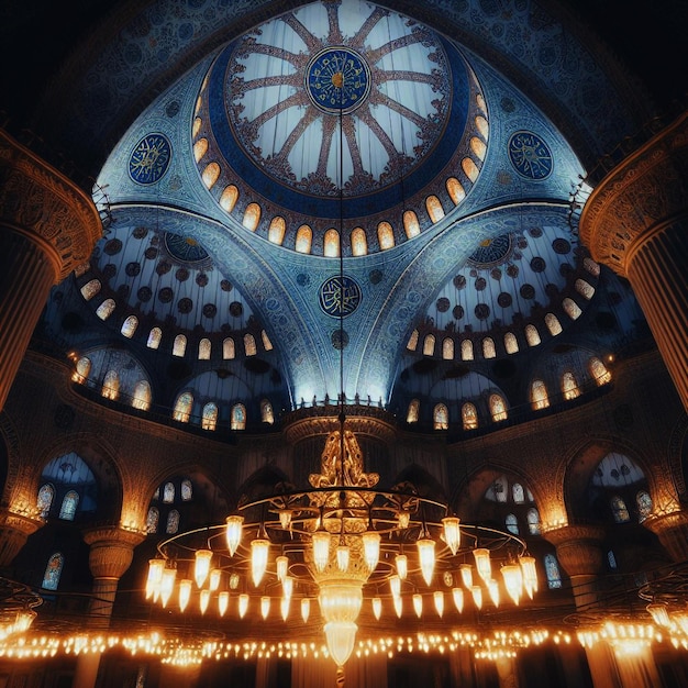 Minarete iluminado que simboliza la espiritualidad en la famosa Mezquita Azul