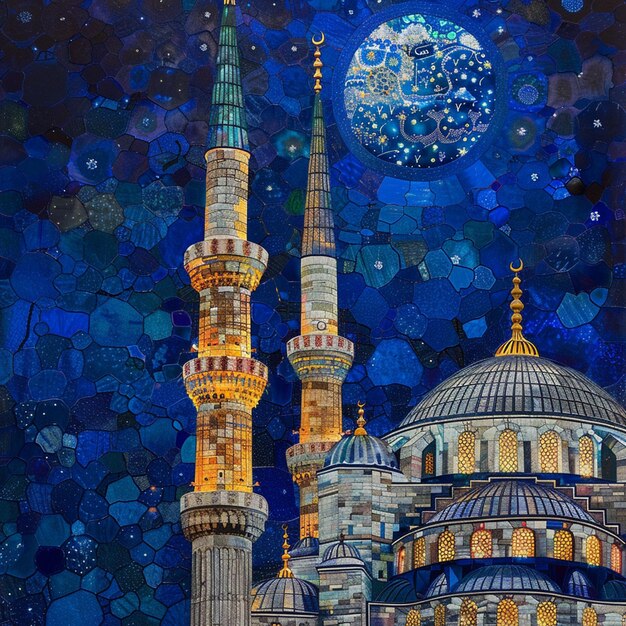 Foto minarete iluminado simboliza a espiritualidade na famosa mesquita azul