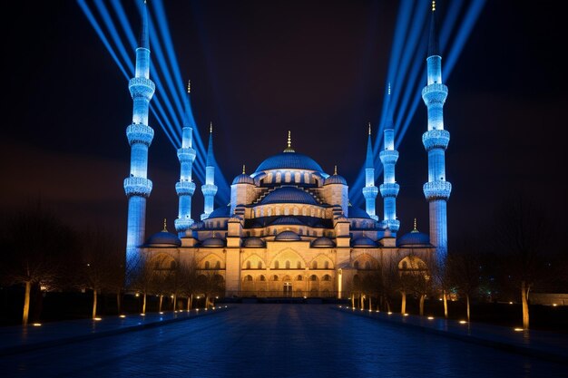 Minarete iluminado simboliza a espiritualidade na famosa Mesquita Azul