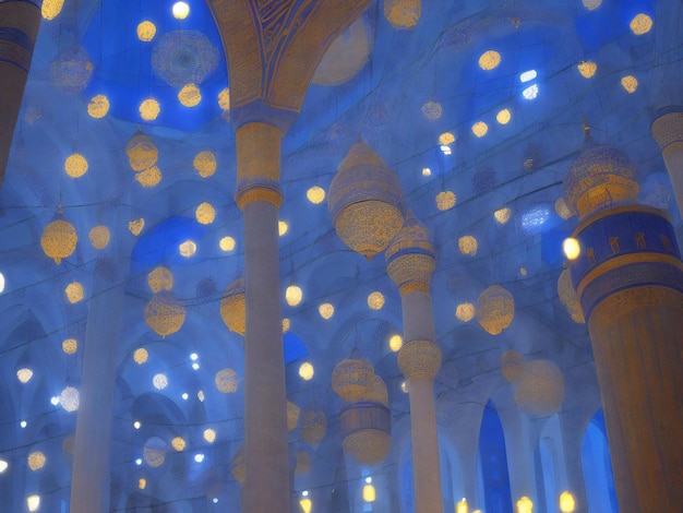 El minarete iluminado simboliza la espiritualidad en la famosa Mezquita Azul generada por ai