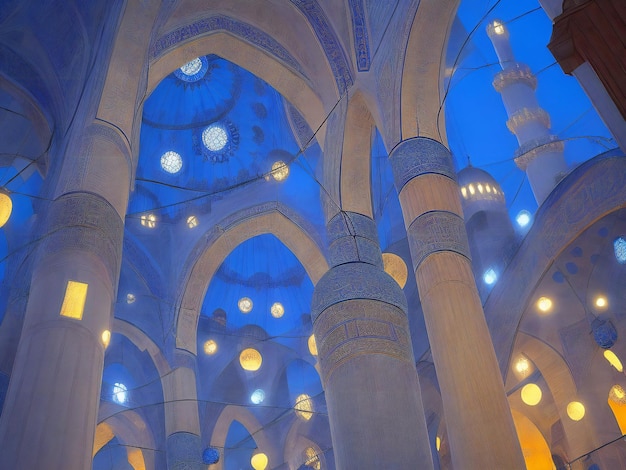 El minarete iluminado simboliza la espiritualidad en la famosa Mezquita Azul generada por ai