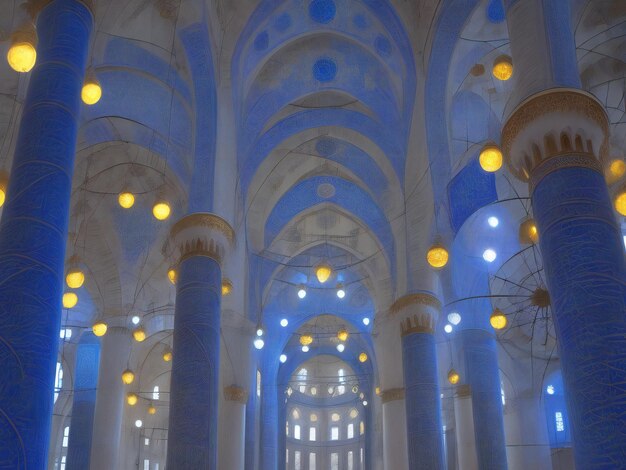 El minarete iluminado simboliza la espiritualidad en la famosa Mezquita Azul generada por ai