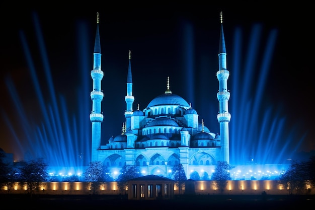 Foto el minarete iluminado simboliza la espiritualidad en la famosa mezquita azul