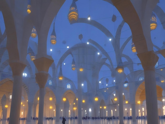 Minarete iluminado simboliza espiritualidade na famosa Mesquita Azul gerada por IA