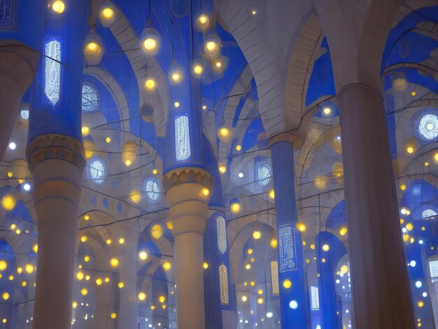 Minarete iluminado simboliza espiritualidade na famosa Mesquita Azul gerada por IA