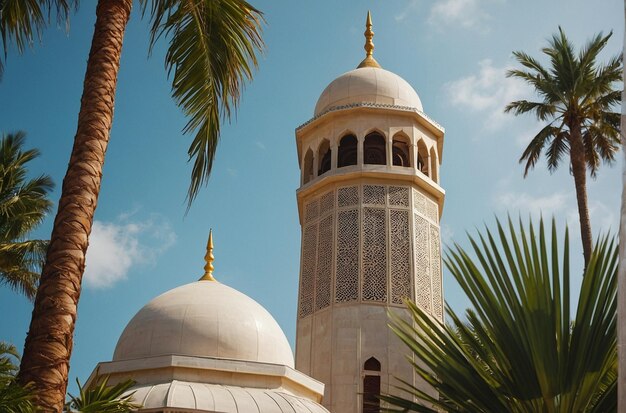 Minarete de la mezquita contra un fondo de hojas de palma