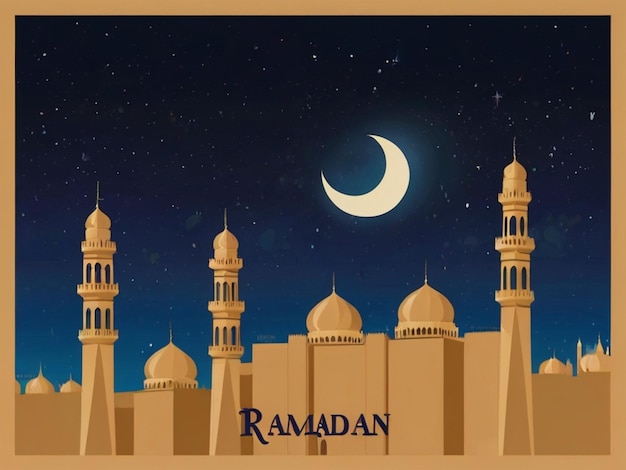 Minarete de la mezquita y luna creciente con texto de Ramadán
