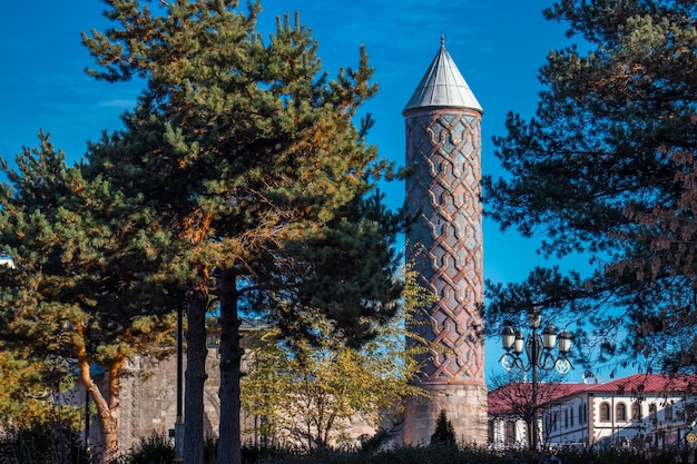 minarete Yakutiye Madrasa. Símbolo da província de Erzurum. Entre as árvores.