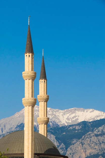 Minaretes en el fondo de montañas nevadas