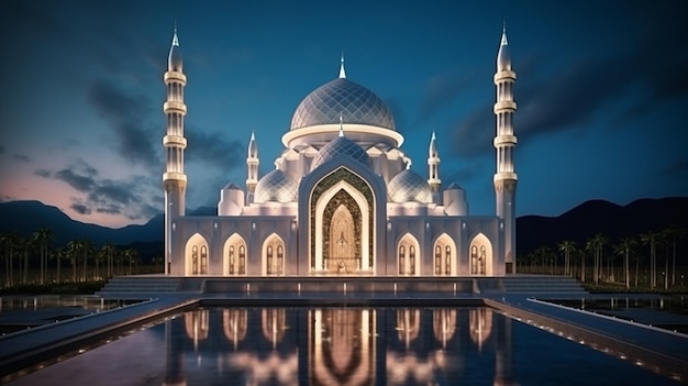 minaretes iluminados elegantes de luxo da maior mesquita brilhante