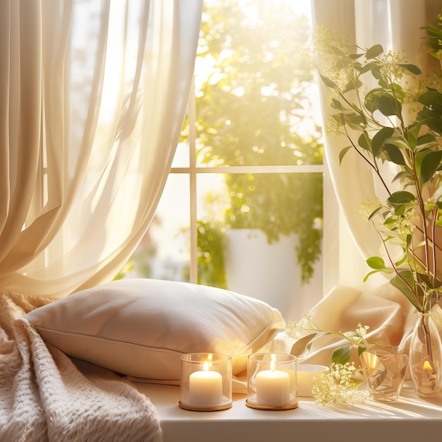 Mindfulness decoração de interiores para casa plantas verdes e velas na bela luz da tarde natural aconchegante c