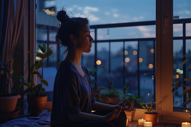 Foto mindfulness una mujer meditando en su balcón en casa durante la distancia social para la salud mental