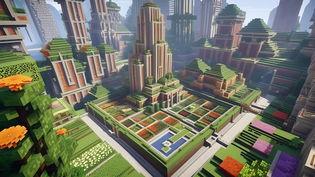 Minecraft altamente detalhado uma cidade com muitas plantas e flores no jardim jogo de estilo cidade Voxel