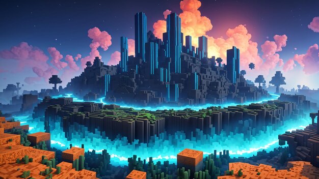 Minecraft Glowing Landscape Background Voxel Superfície da Terra Cores aleatórias Fumas