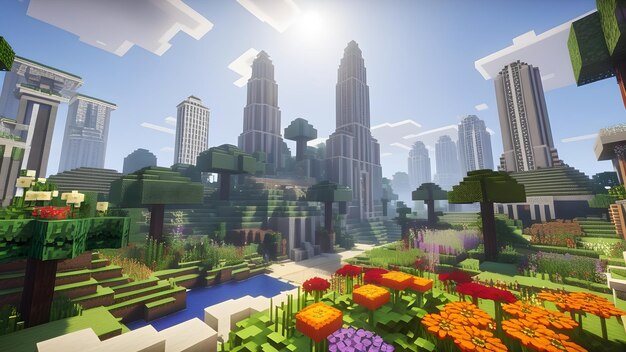 Minecraft muy detallado una ciudad con muchas plantas y flores en el jardín juego de estilo ciudad de Voxel