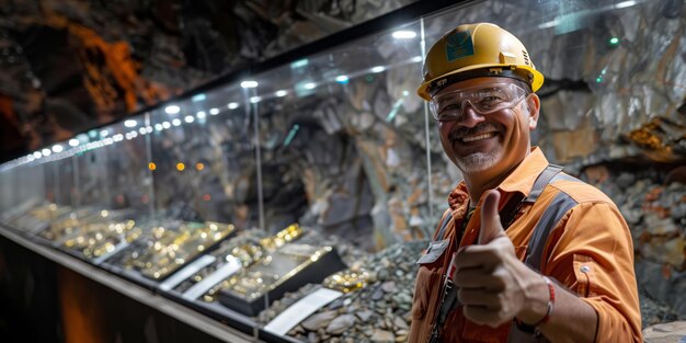 Mineiro alegre com uma exposição de minerais numa caverna