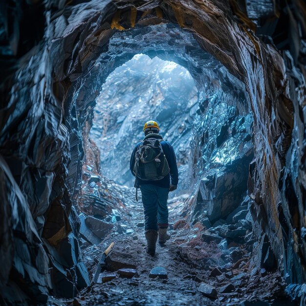 Foto mineiro com mochila caminhando por um túnel cristalizado em direção à luz do dia